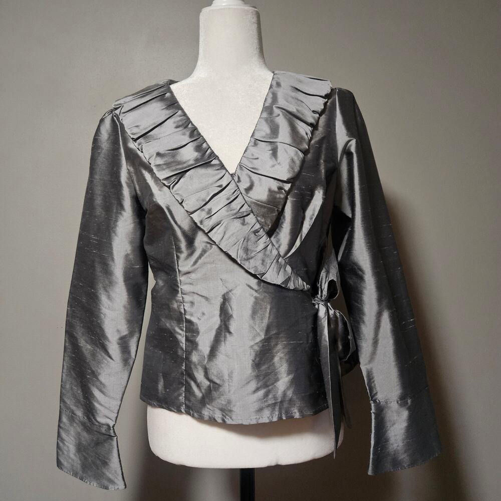 Sunny Taylor Silk Wrap Top Blouse Gray Size‎ 6 Long Sleeve Ruffle Tie